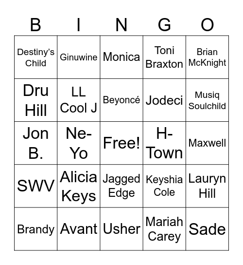 90’s & 2000’s R&B Love Songs Bingo Card