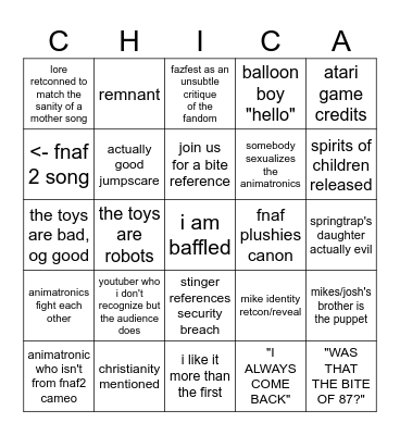 FNAF 2 Bingo Card