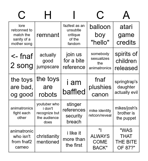 FNAF 2 Bingo Card