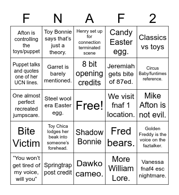 FNAF 2 movie Bingo Card