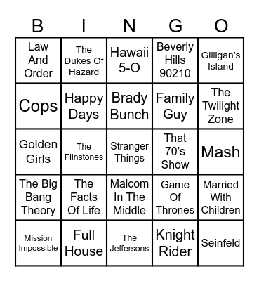 T.V. Theme Songs Bingo Card