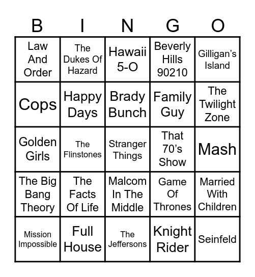 T.V. Theme Songs Bingo Card