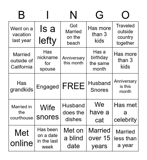 COUPLES NIGHT OUT Bingo Card
