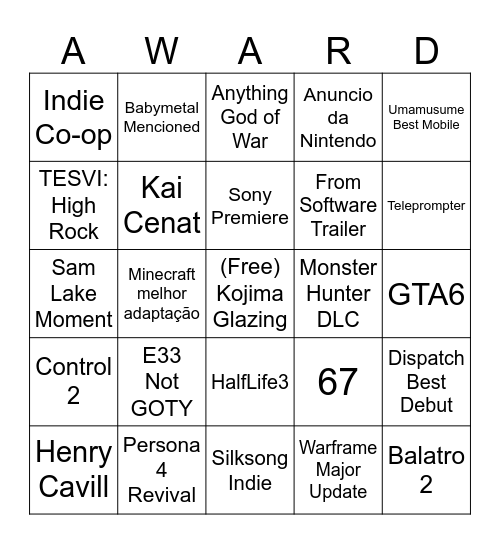 The Game Awards Bingo Card