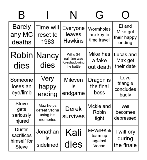 S5 Predictions Bingo Card