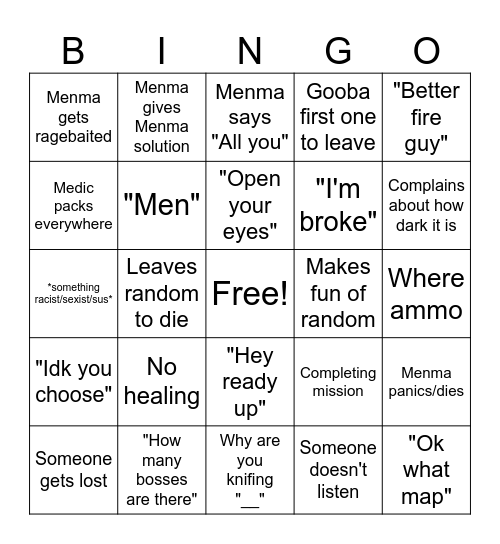 KF gaming session Bingo Card
