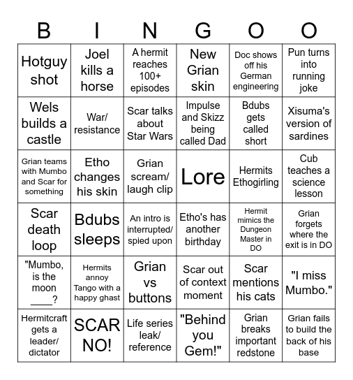 Hermitcraft 11 Bingo Card Bingo Card