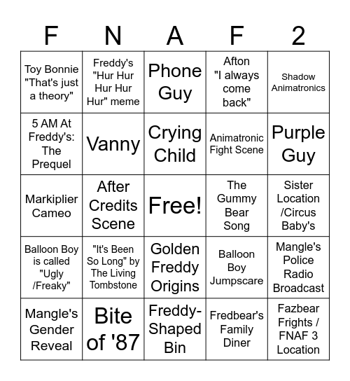 FNAF 2 Bingo Card