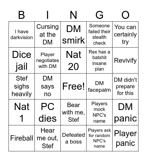 D&D: Darkest Timeline Bingo Card