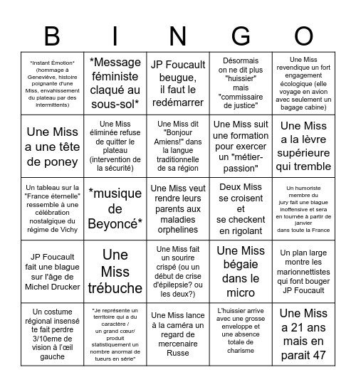Miss Fronce 2026 Bingo Card
