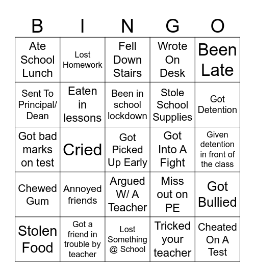Have You Ever School Edition Bingo Card