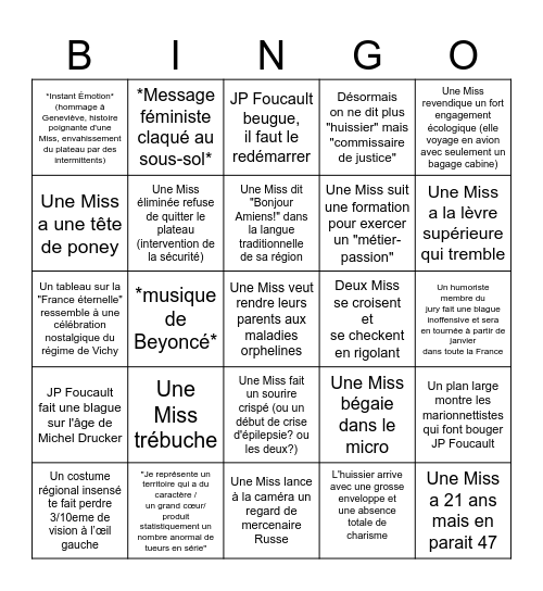 Miss Fronce 2026 Bingo Card