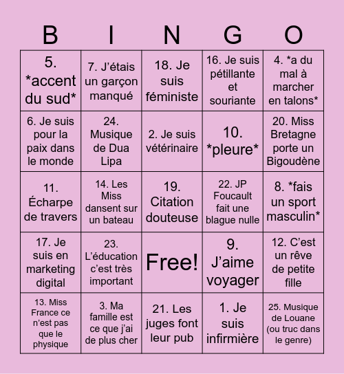 Miss France 2026 Bingo Card