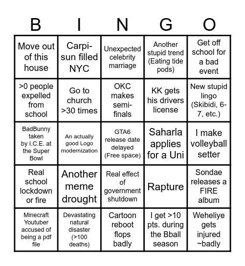 2026 BINGO Card! Bingo Card