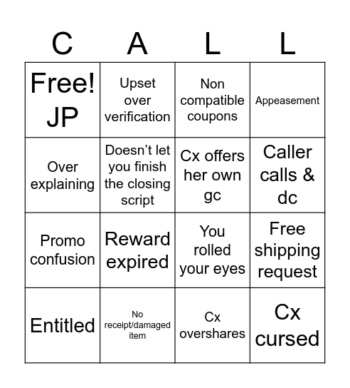 Calls Bingo Card