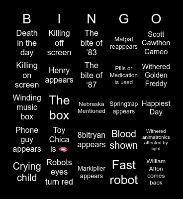 Fnaf 2 Movie Bingo Card