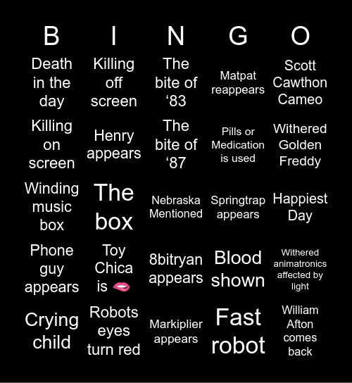 Fnaf 2 Movie Bingo Card