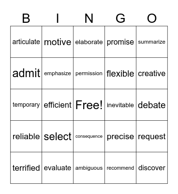 Advanced Vocabulary Bingo Card