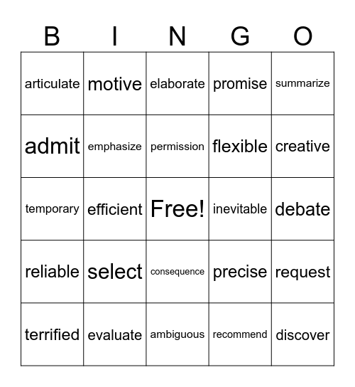 Advanced Vocabulary Bingo Card