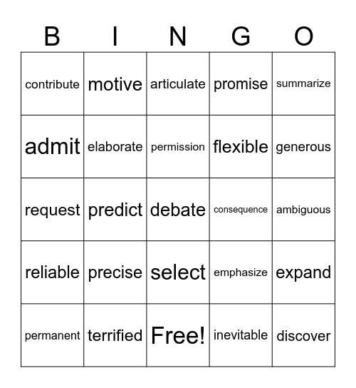 Advanced Vocabulary Bingo Card