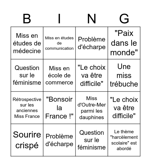 Miss France 2026 Bingo Card