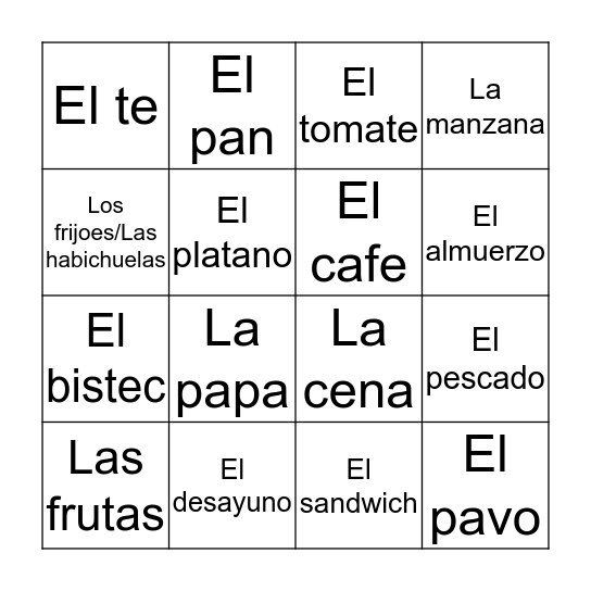 La comida Bingo Card