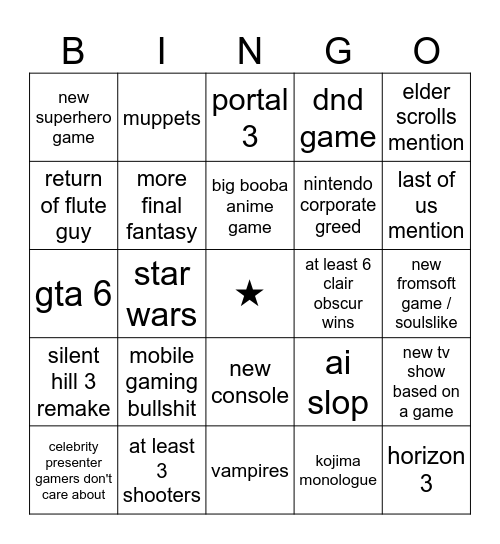TGA 2025 bingo Card