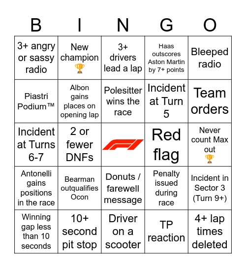 F1 Bingo - Abu Dhabi 2025 Bingo Card