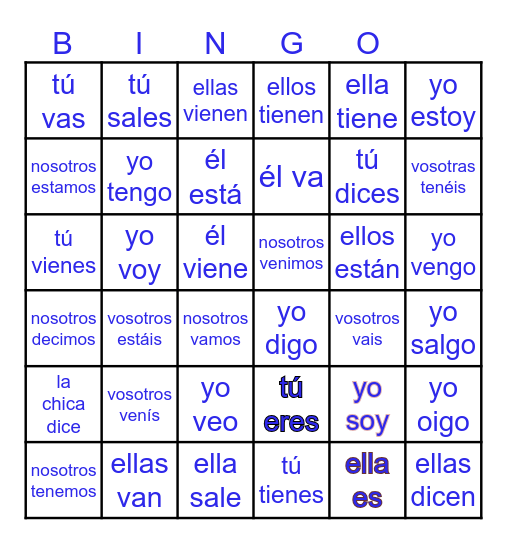 verbos irregulares Bingo Card