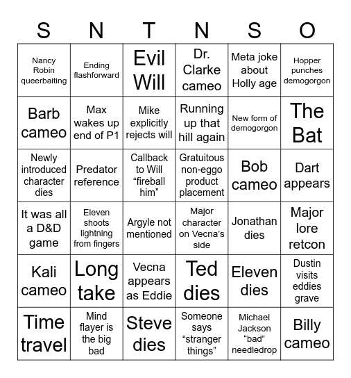 Stranger Things 5 Bingo Card