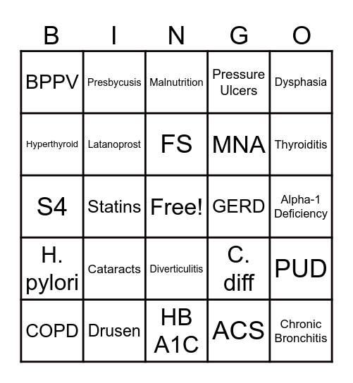 Geriatrics Bingo Card
