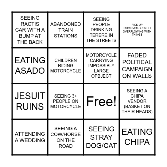 Your Paraguay Experience Bingo Card