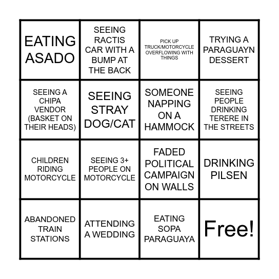 Your Paraguay Experience Bingo Card