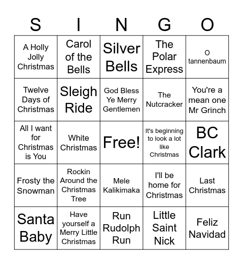 Classic Christmas Bingo Card