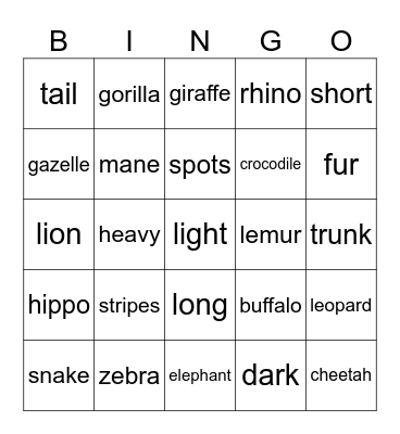 Animals Bingo Card