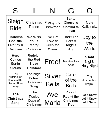 Holiday Hits Bingo Card