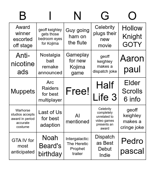 The Game awards show Bingo Card