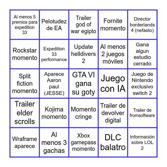 Bingo de los Game Awards Bingo Card