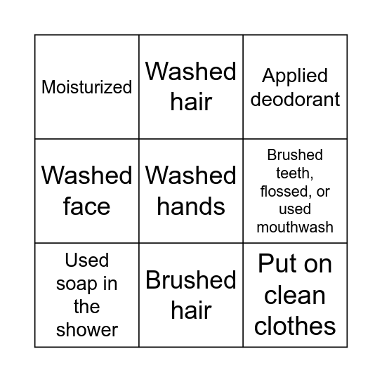 Hygiene Bingo Card