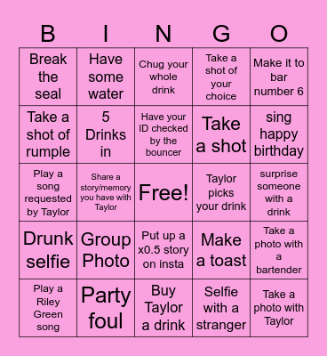 Taylor's Birthday Bar Crawl Bingo Card