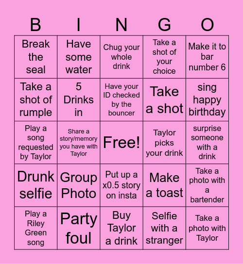 Taylor's Birthday Bar Crawl Bingo Card