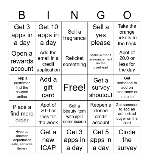 Cashier Bingo Card