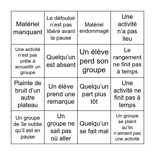 Problèmes Journée Plateau Bingo Card