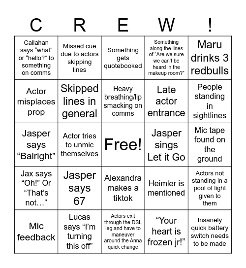 Crew Bingo Card