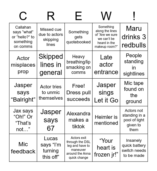 Crew Bingo Card