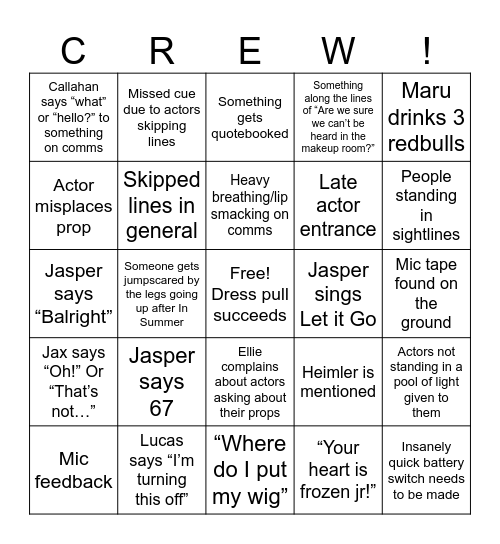 Crew Bingo Card