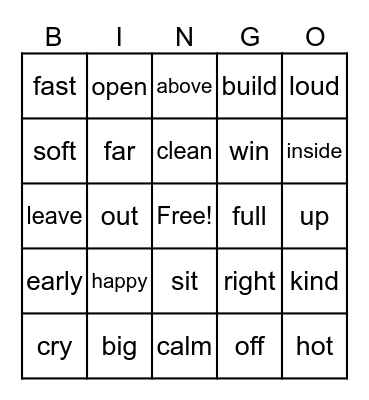 Opposites Bingo Card