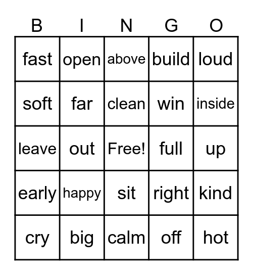 Opposites Bingo Card