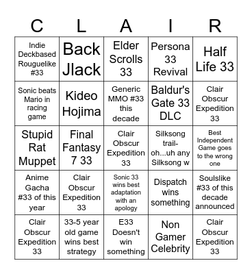The Expedition 33 Awards Bingo Card