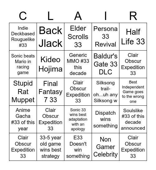 The Expedition 33 Awards Bingo Card